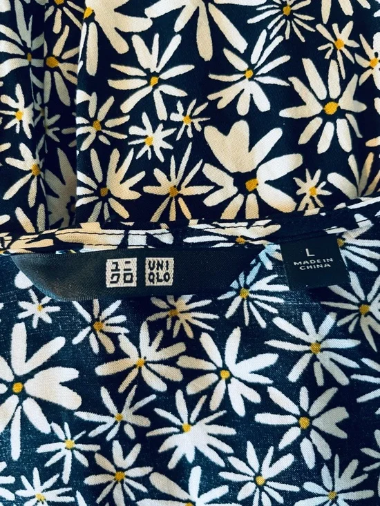 Uniqlo Ditsy Floral Dress Daisy Print Lightweight Black White Yellow L Cottage - Picture 4 of 15